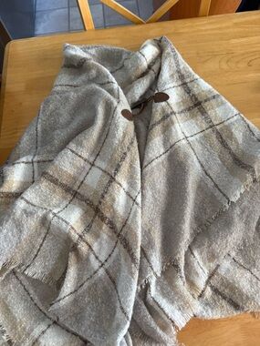 Neutral Plaid Hooded Cape with Toggle Closure